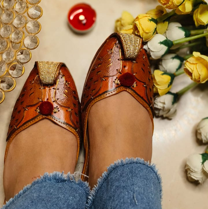 Punjabi Jutti two peacock Leather Pom Pom Work2519