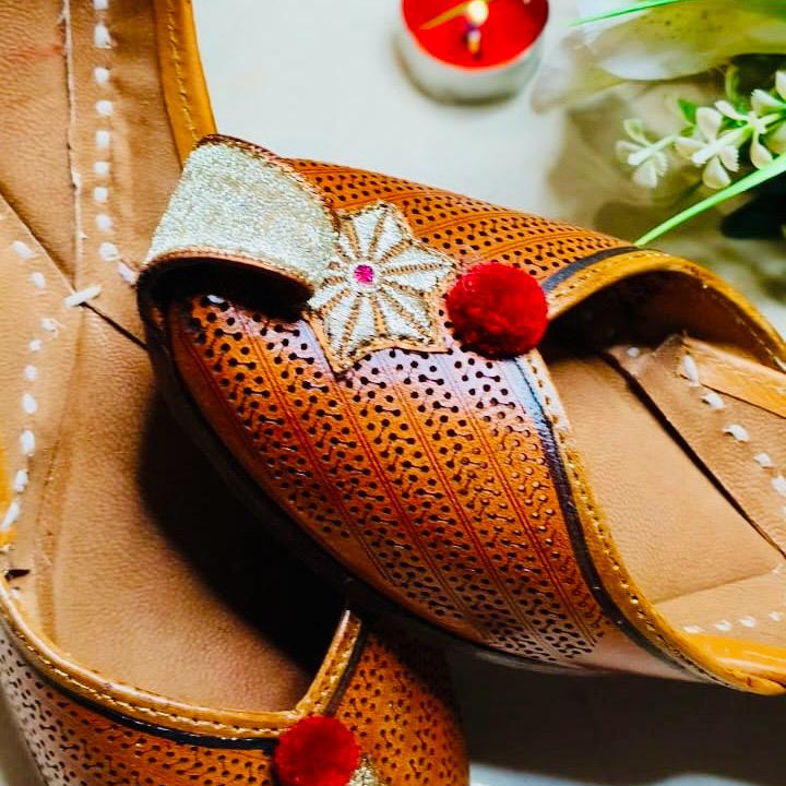 Punjabi Jutti Heavy Golden flower With Pomp Pomp Work2813